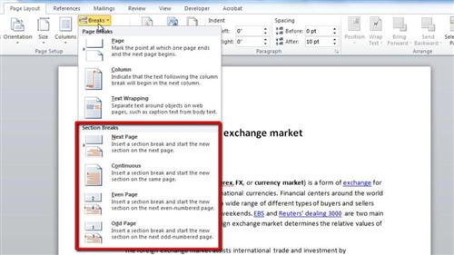 The section break options in Word