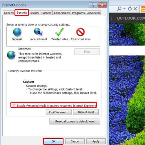 Uncheck enable protected mode option