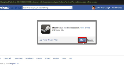 Allowing Steam to access your Facebook data