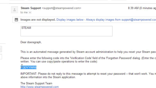 Finding the verification code from Steam