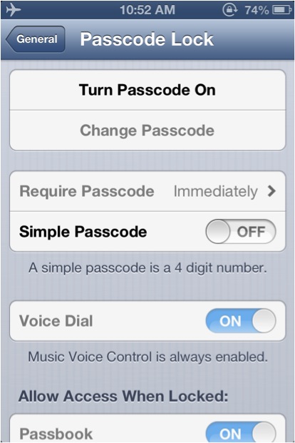 Tap ‘Turn Passcode On’ to activate passcode