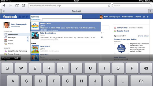 Searching for a Facebook game in Safari