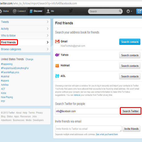 Find friends by email on twitter