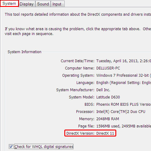 View Directx version in DirectX diagnostic tool