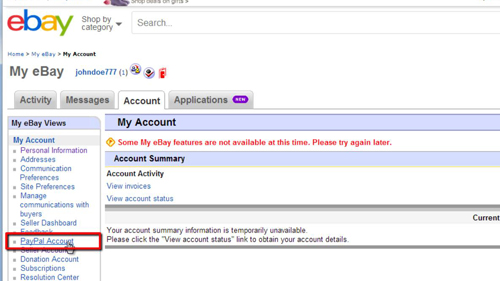 Accessing the PayPal account area in eBay