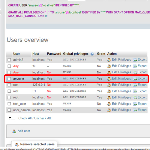 mysql create user grant all privileges to database