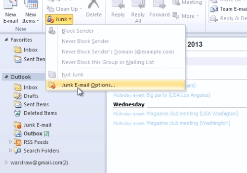 Как отключить junk в outlook