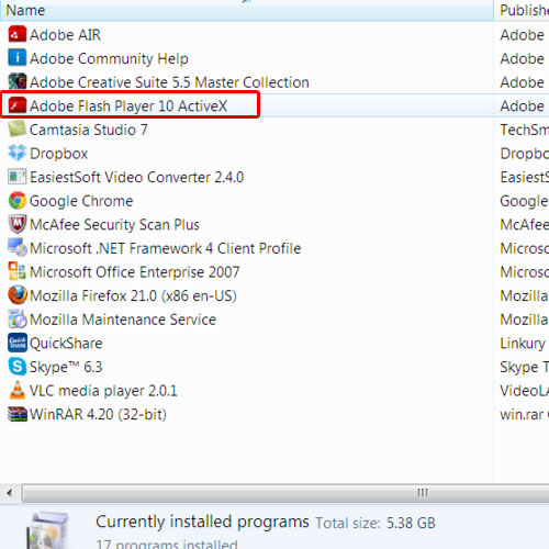 View Flash Player in Programs & Features