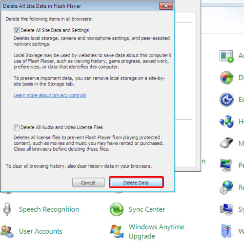 Delete all site data in flash player