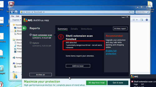 AVG detects an infected file in the folder