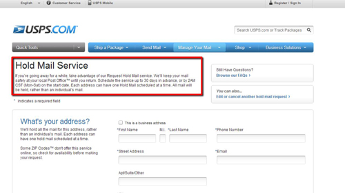 The hold mail service on the USPS site