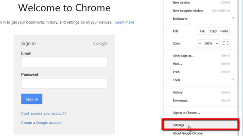 Opening the settings tab in Google Chrome