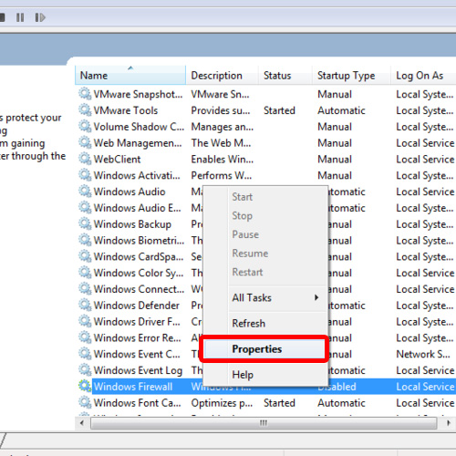 Open properties of Windows Firewall service