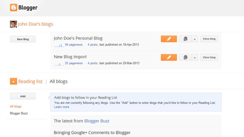 The Blogger homepage with your blogs