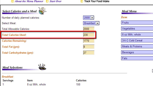 Calories consumed for the selected meal