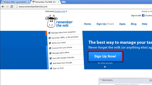 Signing up for remember the milk