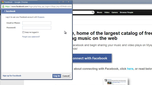 Logging into Facebook through Myspace