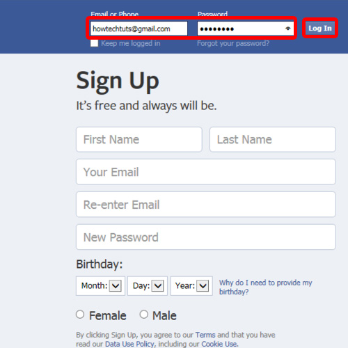 Log in to your facebook account