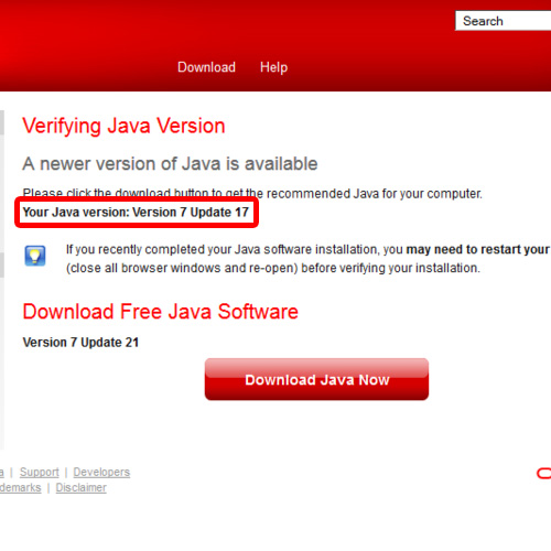 Java Version displayed on official site