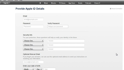 Entering details for your Apple ID