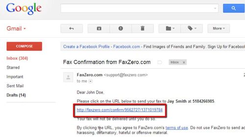 Using the email link to confirm the fax