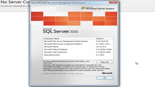 window with SQL server information appears