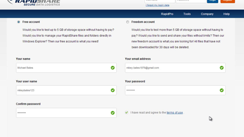 Signing up for a Rapidshare account