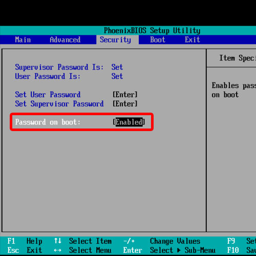 Select the “password on boot” option