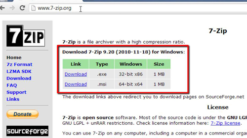 Download options for 7-zip