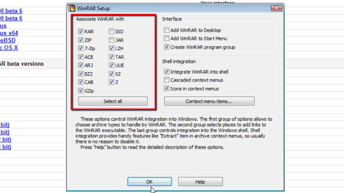 The various file types that the program can be associated with