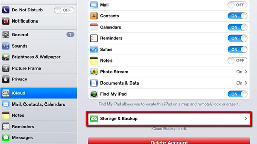 The backup options in settings