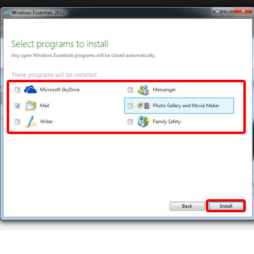 Install only mail in Windows Essential package