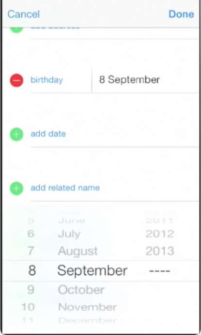 adding birthday date of contact  on iPhone running on iOS 7