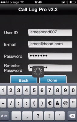 registering a new user ID in Call Log Pro on iPhone running on iOS 7