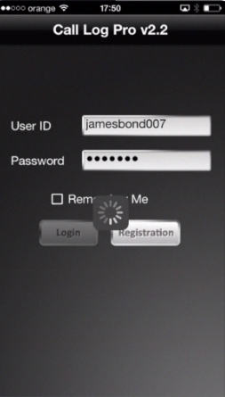 logging in to Call Log Pro app on iPhone running on iOS 7