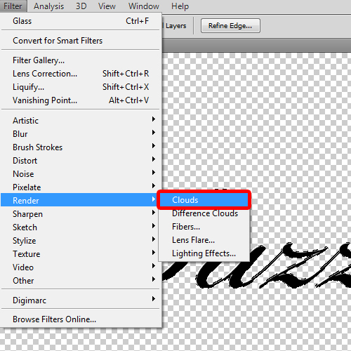 applying clouds filter to the text layer