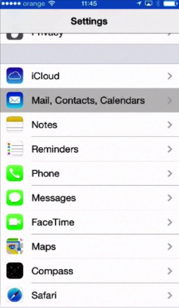 tapping  “Mail, Calendars and Contacts” on iPhone running on iOS 7