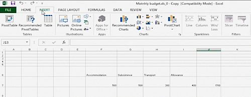 clicking the „Insert” tab from the menu ribbon of Microsoft Excel 2013