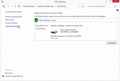 accessing Adavanced Settings of File History