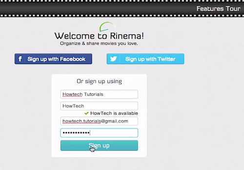 creating an account on „Rinema”