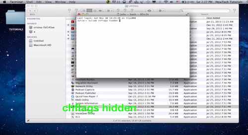 typing the „chf lags hidden” command followed by a single space in Terminal window on a Mac