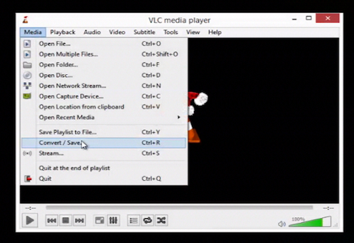 selecting „Convert/Save” from VLC player’s „Media” menu