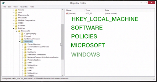 navigating to „ Windows”  in the „Registry Editor” window