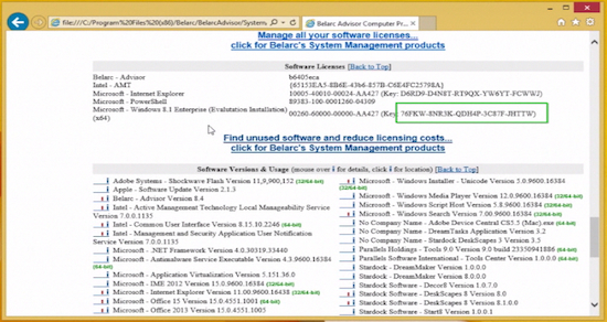 product key displayed in „Softwares Licenses” section