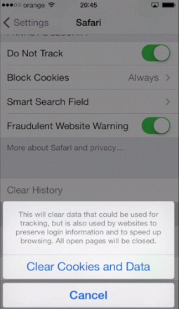 clearing cookies and data on iPhone running on iOS 7