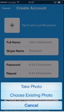 adding a profile picture to a new Skype account on iPhone running on iOS 7