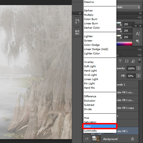 changing the blend mode of the color adjustment layer