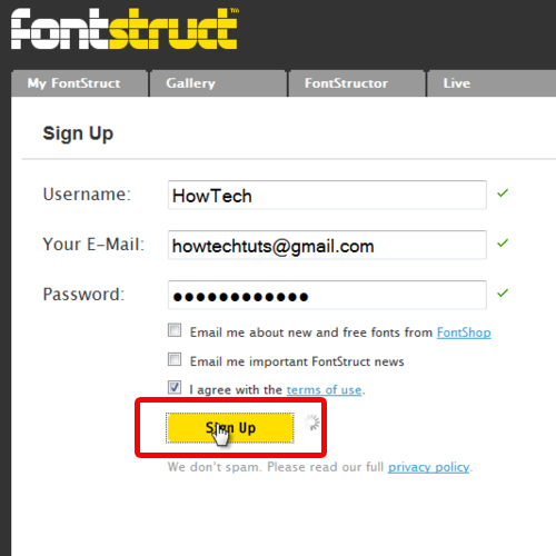 creating an account in Fontstruct