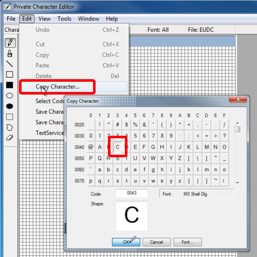 using the copy character option