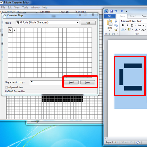 use fonts created in private character editor in microsoft word